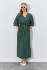 Kadın Haki Düşük Kol Yanları Yırtmaçlı Uzun Elbise