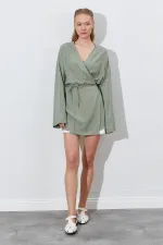 Kadın Haki Kruvaze Yaka İp Bağlamalı Ceket