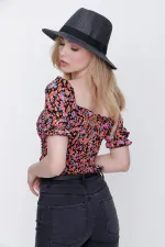 Kadın Desen-1 Gipeli Ön Büzgülü Crop Bluz