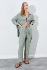 Kadın Haki Beli Lastikli Havuç Kesim Keten Pantolon