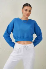 Women's Blue Crew Neck Three-Thread Oversize Crop Sweatshirt