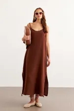 Women's Coffee Brown Strappy Muslin Long Dress with Side Slit