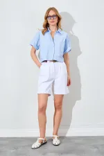 Kadın Mavi Çift Cepli Düşük Kol Crop Gömlek