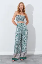 Kadın Haki Croplu-Palozzo Pantolonlu Desenli Takım