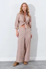 Kadın Vizon Geniş Double Boru Paça Pantolon