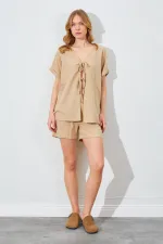 Kadın Vizon Düşük Kol Bağlamalı Bluzlu Şortlu Keten Takım