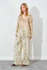 Kadın Dalmaçya Desen Taş Şifon Bluz Saten Pantolon Takım