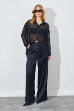 Kadın Siyah Şifon Bluz Saten Pantolon Takım