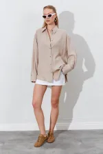 Kadın Koyu Bej Oversize Keten Gömlek