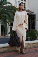 Kadın Tereyağ V Yaka Kapşonlu Yırtmaçlı Etek Selanik Takım