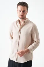 Erkek Bej Uzun Kol Regular Basic Müslin Gömlek