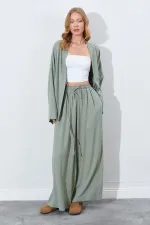 Kadın Haki Beli Lastikli Palazzo Keten Pantolon