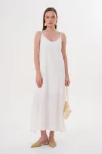 Kadın Ekru İp Askılı Yanı Yırtmaçlı Müslin Uzun Elbise