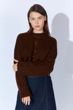 Kadın Kahve Bisiklet Yaka Basic Triko Kazak