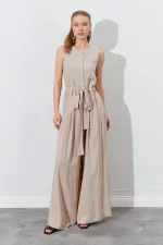 Kadın Koyu Bej Kolsuz Kuşak Bağlamalı Double Paça Tulum