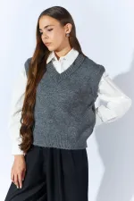 Kadın Antrasit V Yakalı Basic Süveter