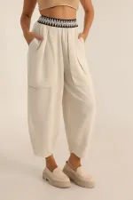 Kadın Naturel Bel Şeritli Büyük Cepli Bol Paça Pantolon