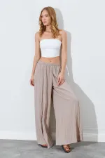 Kadın Vizon Beli Lastikli Bol Paça Kırışık Pantolon