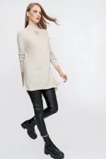 Kadın Taş Melanj Önü Pencereli Triko Kazak