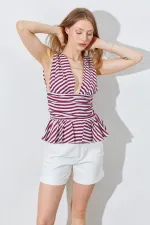 Kadın Bordo Önü Arkası V Beli Drapeli Peplum Bluz