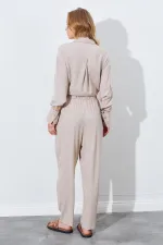 Kadın Koyu Bej Beli Lastikli Havuç Kesim Keten Pantolon