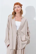 Kadın Koyu Bej Önü İp Bağlamalı Kimone Ceket