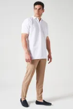 Erkek Bej Beli Yarım Lastikli Tek Pile Duble Paça Diamond Kumaş  Pantolon