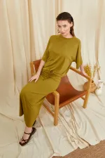 Women's Olive Green 164 Raglan Sleeve Tie Hem Blouse and Skirt Modal Set