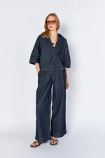 Kadın Rins Yıkama Gömlek Yaka Dirsek Kollu Gömlek Pantolonlu Jean Takım