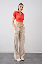 Kadın Nar Polo Yaka Bürümcük Kumaş Crop