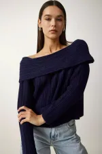 Kadın Lacivert Degaje Yaka Fitilli Triko Kazak