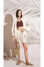 Kadın Naturel Beli Lastikli Püsküllü Şort