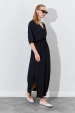 Kadın Siyah Düşük Kol Yanları Yırtmaçlı Uzun Elbise