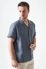 Erkek Antrasit Kısa Kol Apaj Yaka Müslin Regular Gömlek