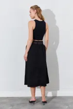 Kadın Siyah Palaska Kemerli Önü Cepli Gabardin Etek