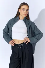 Kadın Antrasit Dik Yakalı Dışardan Dkişli Fermuarlı Hırka