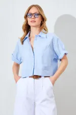 Kadın Mavi Çift Cepli Düşük Kol Crop Gömlek
