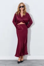 Kadın Bordo Saten Uzun Etek