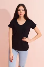Kadın Siyah V Yaka Geniş Salaş Tişört