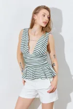 Kadın Haki Önü Arkası V Beli Drapeli Peplum Bluz