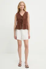 Kadın Kahve Önü Bağlamalı Kolsuz Eteği Fırfırlı Muslin Bluz