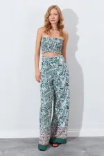 Kadın Haki Croplu-Palozzo Pantolonlu Desenli Takım