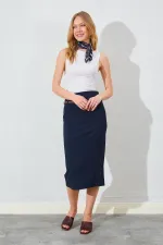 Kadın Lacivert İnce Kemerli Poliviskon Midi Boy Etek