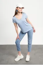 T-shirt bleu à col en V pour femme, coupe ample