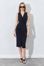 Kadın Siyah V Yaka Drapeli Kolsuz Sandy Elbise