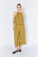 Women's Olive 171 Modal Suit with Wide-Leg Trousers and Beaded Collar Accessory