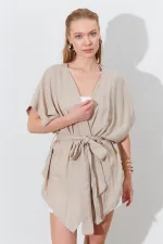 Kadın Koyu Bej Düşük Kol Kuşaklı Kimono