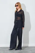 Kadın Siyah Şifon Bluz Saten Pantolon Takım