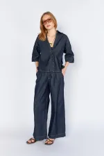 Kadın Rins Yıkama Gömlek Yaka Dirsek Kollu Gömlek Pantolonlu Jean Takım