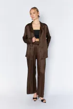 Women's Coffee Gold Single Button Flush Satin Jacket